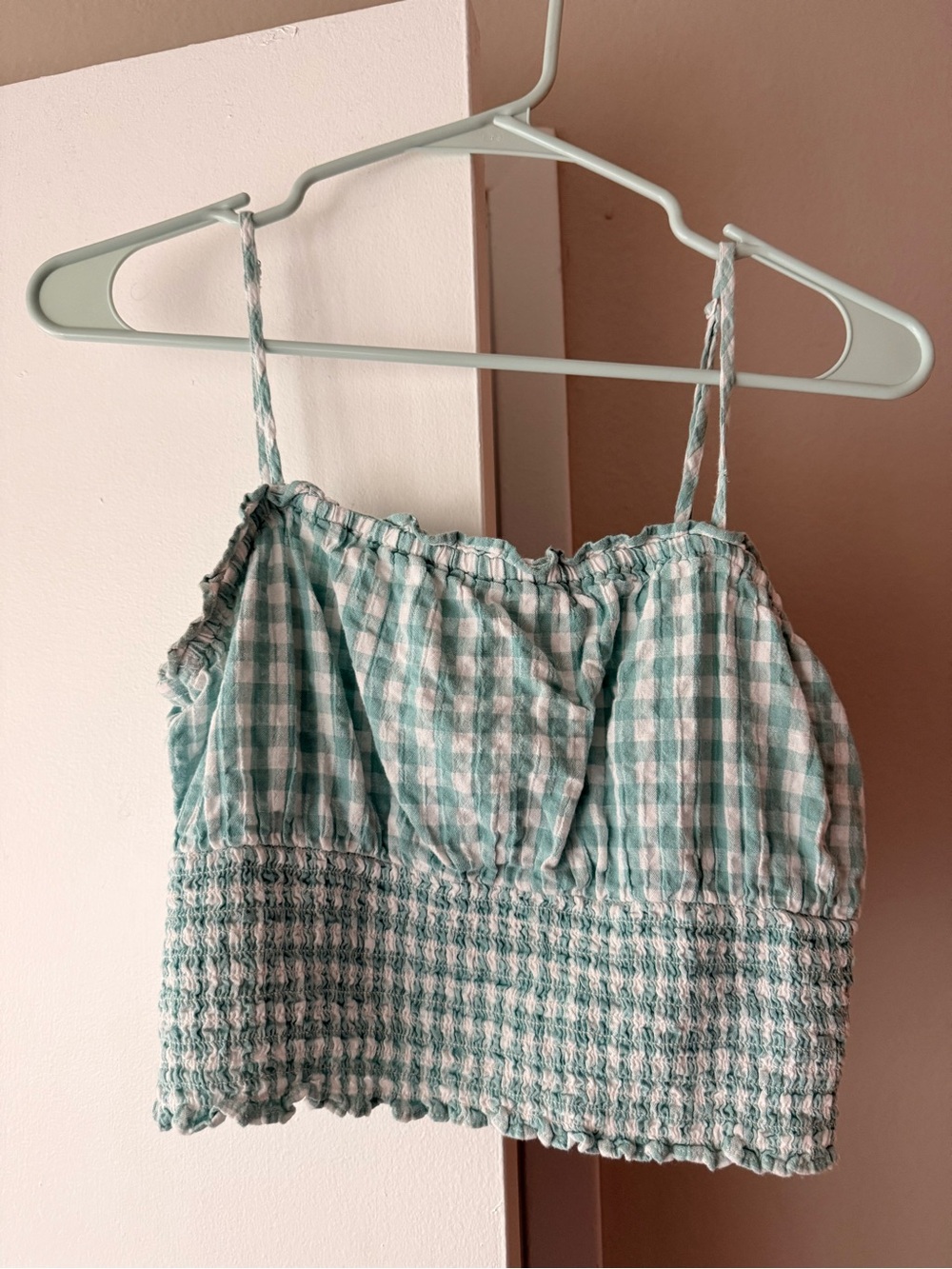 American Eagle Outfitters Mint Green Gingham Smocked Crop Cami